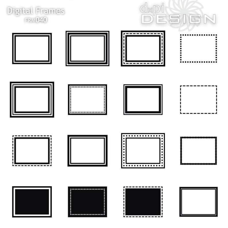 May include: A set of 12 digital frames with different border styles. The frames are black and white and have a variety of patterns, including dotted, dashed, and solid lines.