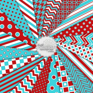 Turquoise & Red Digital Paper and Printable Backgrounds - Digital Scrapbook Patterns in Red Turquoise Aqua Blue - Instant Download (DP385B)
