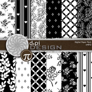 Black & White Floral Backgrounds - Digital Paper and Background Rose Patterns for Scrapbooking and Card Making - Instant Download (DP012)