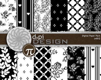 Black and White Floral Backgrounds - Digital Rose Papers and Floral Patterns for scrapbooking and invitations - Instant Download (DP012)