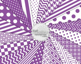 Purple Digital Backgrounds and Printable Scrapbook Paper - Violet Digital Paper in Chevron, Stripe, Polka Dot - Instant Download (DP269A)