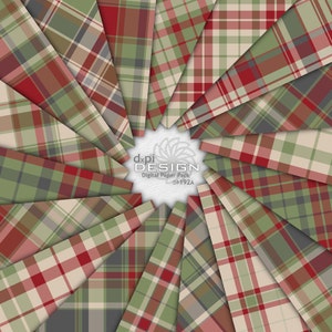 May include: A collection of plaid digital paper sheets in shades of red, green, beige, and gray, arranged in a circular pattern. The papers feature various plaid designs, with the text "dxpi DESIGN Digital Paper Pack DP192A" in the center.
