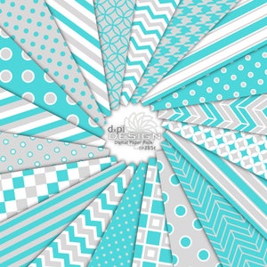 May include: A digital paper pack with 16 different patterns in shades of turquoise and gray. The patterns include polka dots, stripes, zigzags, and geometric designs. The text "dxpi DESIGN Digital Paper Pack DP385E" is in the center of the image.
