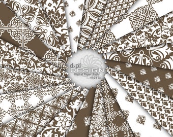 Papel digital y fondos de damasco marrón moca - Diseños elegantes de damasco digital marrón suave para álbumes de recortes - Descarga instantánea (DP217C)