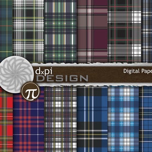 May include: A digital paper pack featuring various plaid patterns in a range of colors, including red, blue, green, and gray. The designs showcase classic tartan and check styles, with the text "dxpi DESIGN" and "Digital Paper Pack DP090D".