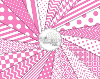 Pink Digital Patterns and Printable Backgrounds - Pink Digital Scrapbook Paper in Chevron, Stripes & Polka Dots - Instant Download (DP260A)