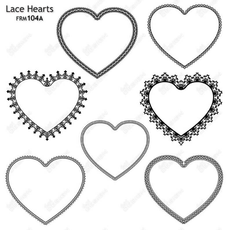 Digital Lace Heart Frames and Clip Art Scrapbook Labels Printable Heart Tags for Weddings and