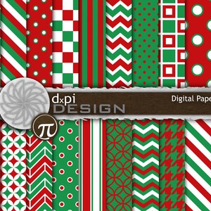 May include: A digital paper pack featuring a variety of Christmas-themed patterns. Designs include red and green stripes, polka dots, chevrons, and geometric shapes. The pack is labeled "Digital Paper Pack DP353B" with the "dxpi DESIGN" logo.