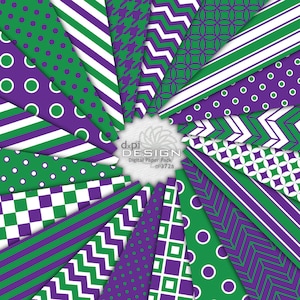 May include: A digital paper pack with 12 different patterns in shades of green and purple. The patterns include polka dots, stripes, zigzags, and geometric designs. The text "dxpi DESIGN Digital Paper Pack DP372B" is in the center of the image.