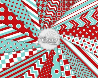 Aqua Blue & Red Digital Paper and Printable Background Designs - Digital Scrapbook Patterns, Red and Turquoise - Instant Download (DP386B)