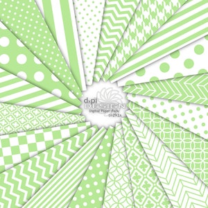 May include: A digital paper pack with light green and white patterns. Designs include polka dots, stripes, chevrons, and geometric shapes. The text "dxpi DESIGN Digital Paper Pack DP292A" is visible.