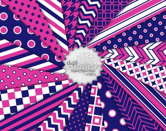 Hot Pink and Blue Digital Paper & Background Patterns - Polka Dot, Chevron, Stripe Digital Scrapbooking Images - Instant Download (DP382A)