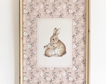 Vintage Bunny Nursery Wall Art Print, Neutral Baby Room Decor, Cottagecore Rabbit Illustration