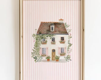 コテージガーデン風の子供部屋用ウォールアートプリント、ピンクの花柄の家、女の子の赤ちゃん部屋の装飾