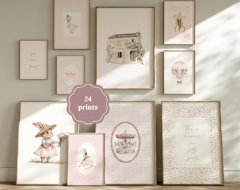 Pastel Pink Nursery Gallery Wall Art Prints, Vintage Cottagecore Girl Room Decor, Digital Download