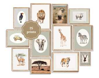 Jungle Nursery Wall Art - Sage Neutral Baby Boy Prints, Downloadable Safari Animal Toddler Decor