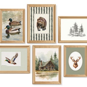 Può includere: Una collezione di sei stampe artistiche incorniciate con illustrazioni a tema naturalistico. Le stampe includono immagini di anatre, un orso, pini, una baita, un'anatra in volo e un cervo. Le cornici sono in legno marrone chiaro.