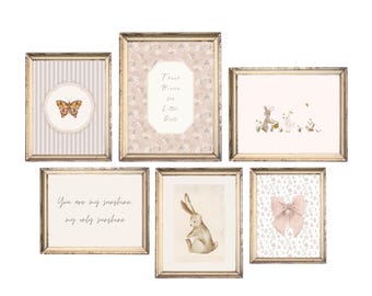 Cottagecore Gallery Wall Art Set, Vintage Pink Nursery Prints Bundle, Girls Room Printable Decor