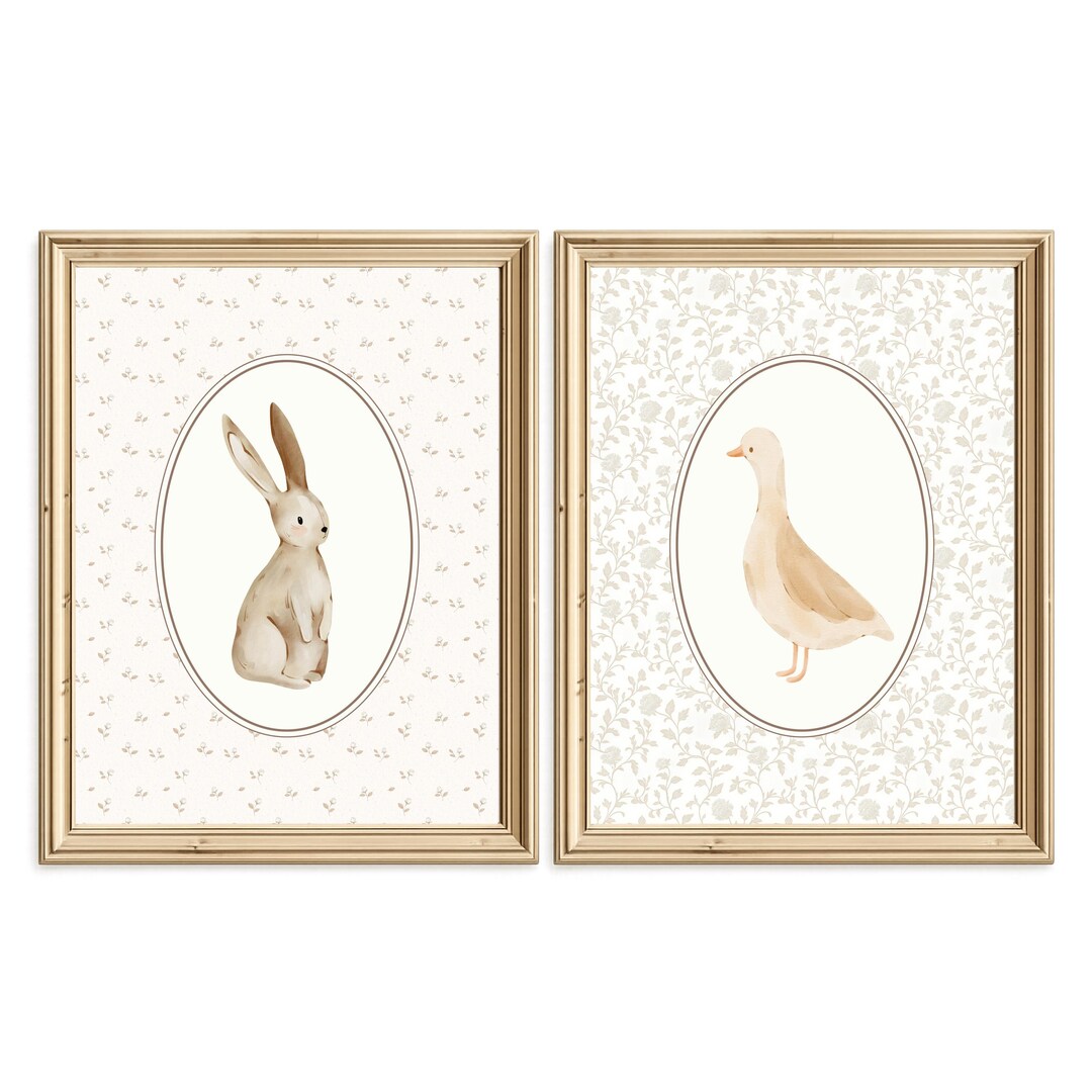 Printable Bunny and Goose Nursery Wall Art Set, Neutral Vintage ...