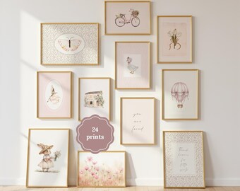 Printable Pastel Pink Nursery Gallery Wall Art Set, Vintage Shabby Chic Baby Girl Decor