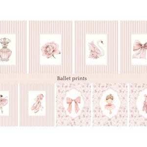 以下が含まれることがあります： ソフトピンクの色調でバレエをテーマにしたイラストが描かれたウォールアートプリントのコレクション。香水瓶、バラ、白鳥、リボン、バレリーナ、バレエシューズのデザインが、ストライプや花柄の背景に配置されています。