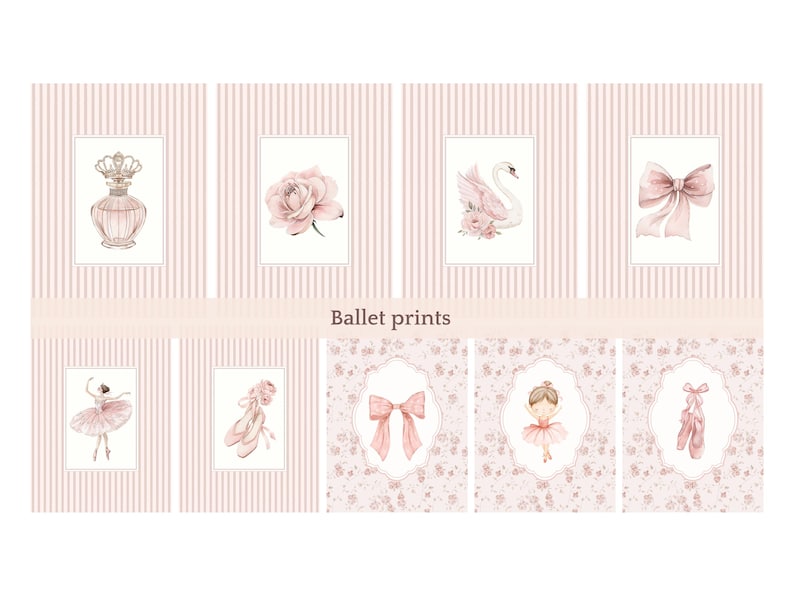以下が含まれることがあります： ソフトピンクの色調でバレエをテーマにしたイラストが描かれたウォールアートプリントのコレクション。香水瓶、バラ、白鳥、リボン、バレリーナ、バレエシューズのデザインが、ストライプや花柄の背景に配置されています。