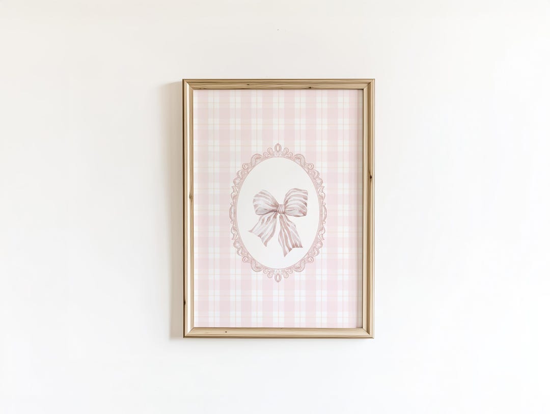 Pink Bow Nursery Print, Baby Girl Wall Art, Gingham Plaid Girls Room ...