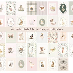 以下が含まれることがあります： 動物、鳥、蝶の水彩画イラストが描かれた長方形のポートレートプリントのコレクション。グリッドにはウサギ、アヒル、クマ、昆虫などの様々な生き物が表示されており、Animals, birds & butterflies portrait printsというテキストが記載されています。