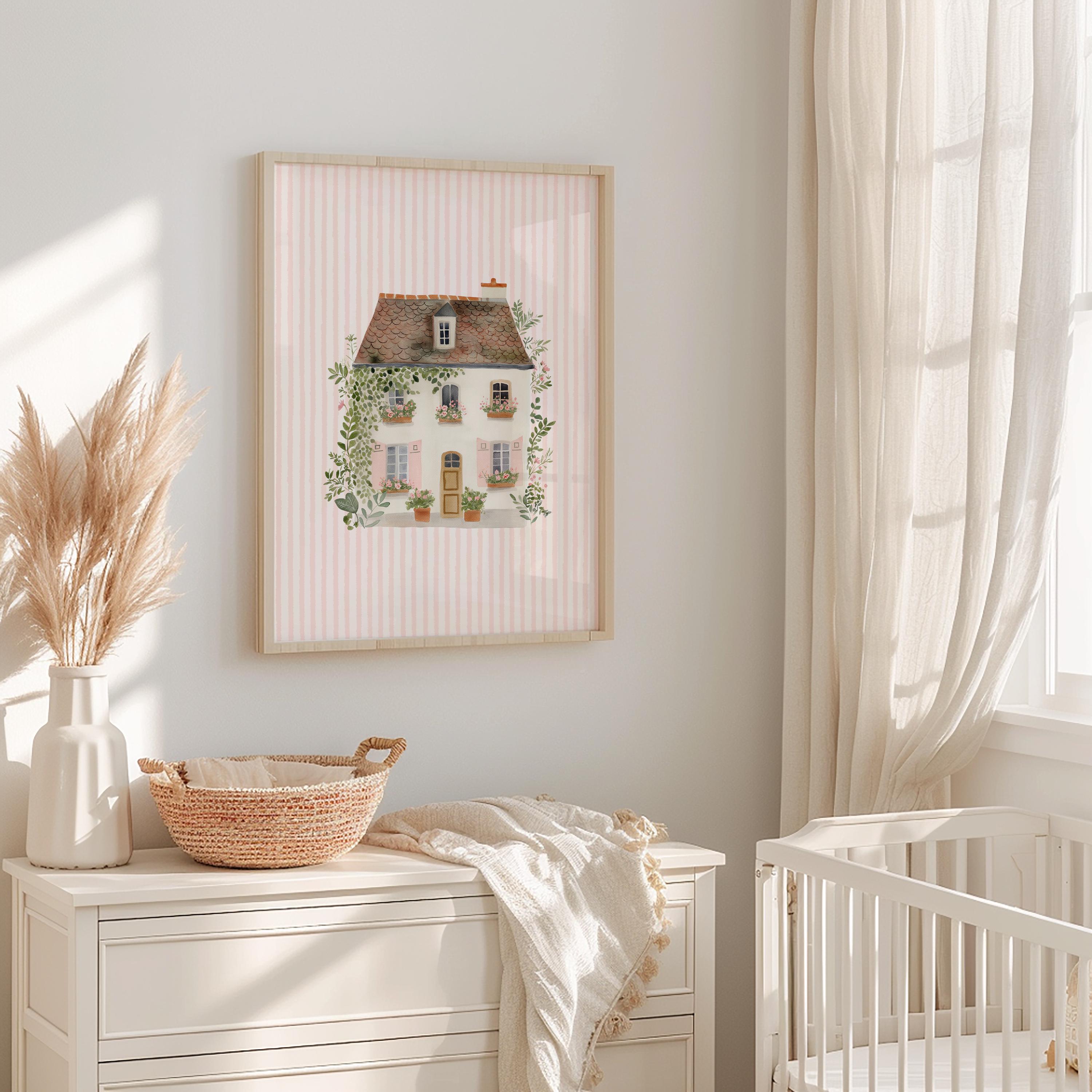 Cottage Garden Nursery Wall Art Print, Pink Floral House, Baby Girl ...