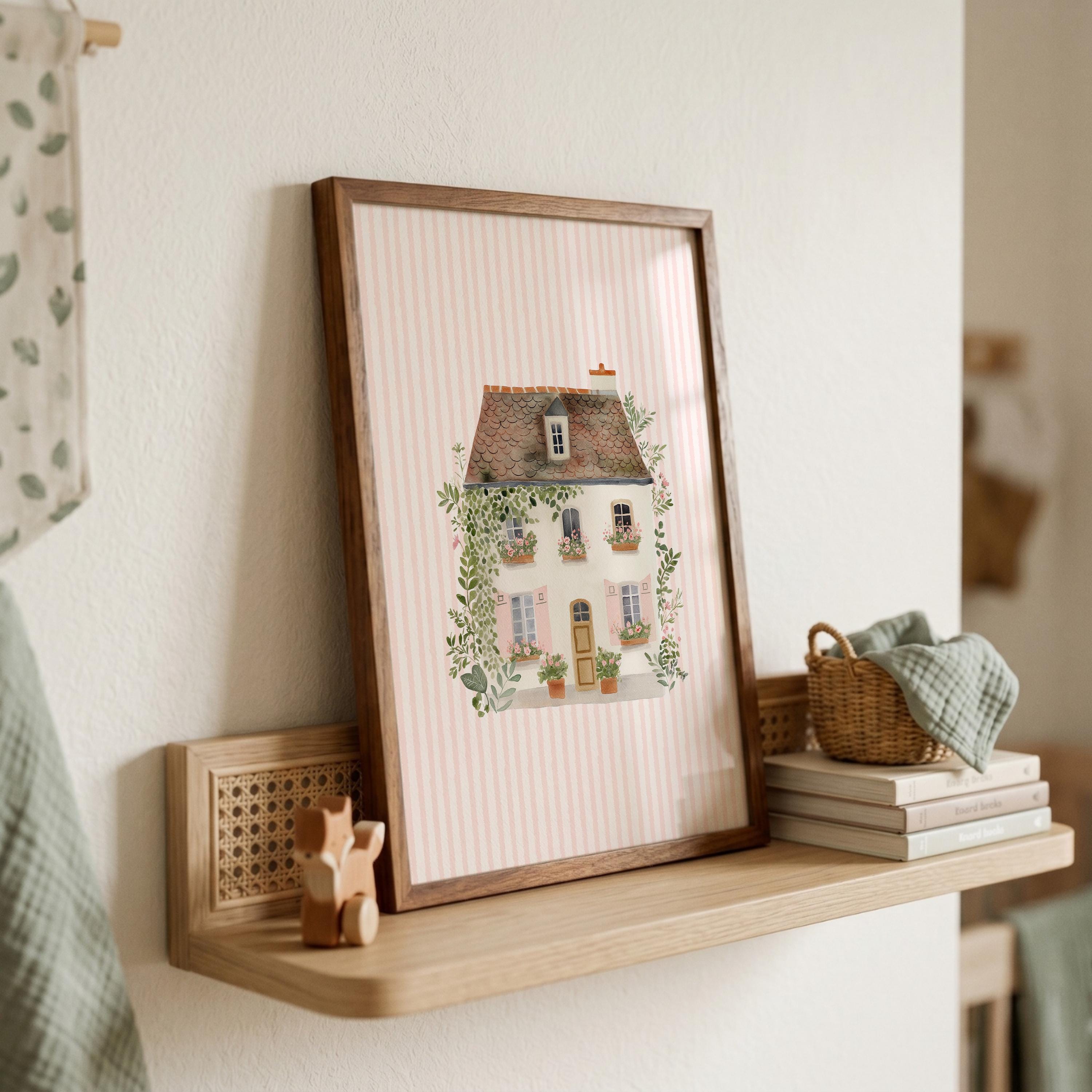 Cottage Garden Nursery Wall Art Print, Pink Floral House, Baby Girl ...