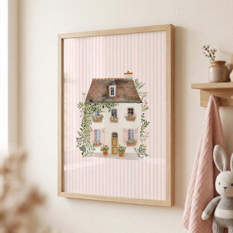 Cottage Garden Nursery Wall Art Print, Pink Floral House, Baby Girl ...