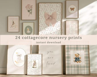 Cottagecore Nursery Gallery Wall Set, 24 Printable Girl Room Art, Vintage Soft Decor