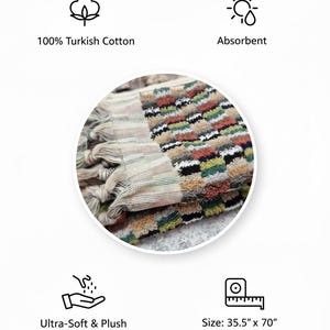 May include: A folded Turkish cotton towel with a colorful geometric pattern. The towel is ultra-soft, absorbent, and measures 35.5" x 70". The image also states that the towel is made of 100% Turkish cotton.