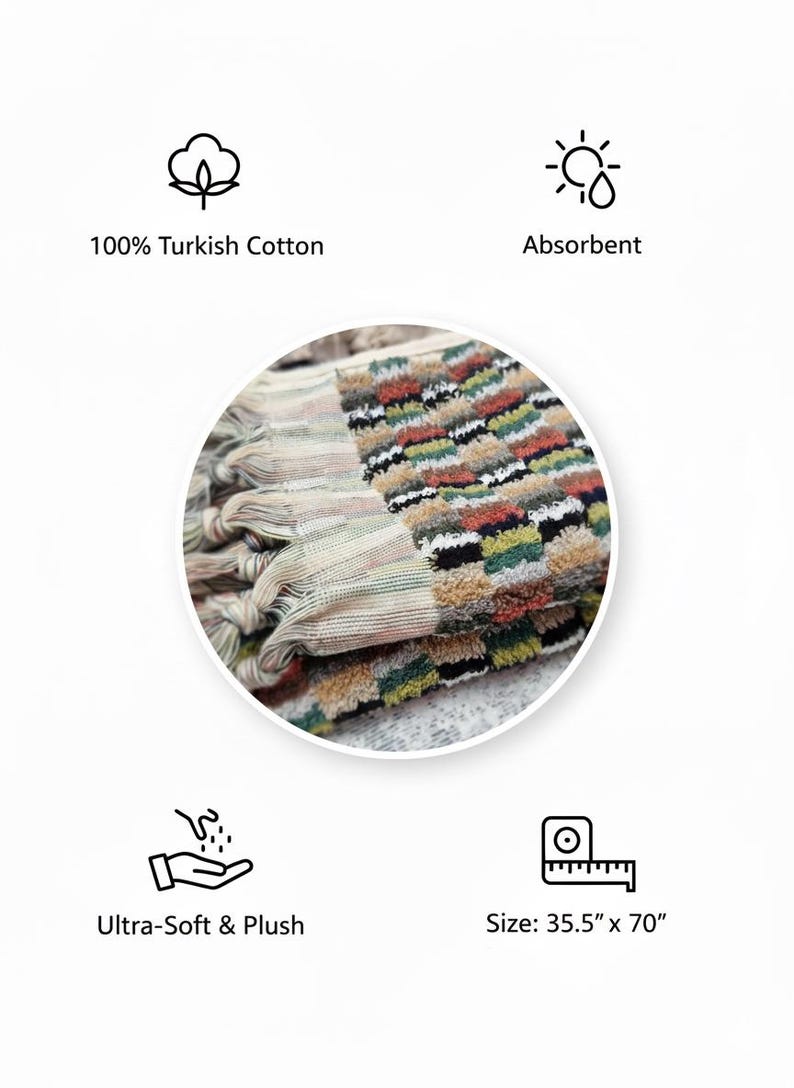 May include: A folded Turkish cotton towel with a colorful geometric pattern. The towel is ultra-soft, absorbent, and measures 35.5" x 70". The image also states that the towel is made of 100% Turkish cotton.