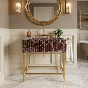 Rosso Levanto Marble Sink, Fluted Handmade Vessel (Bathroom Basin)