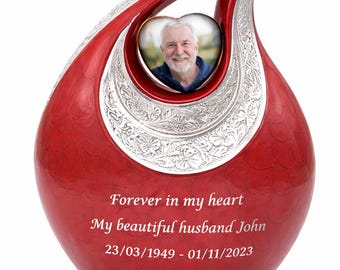 Personalized Red Teardrop Urn with Silver Heart Custom Engraving Memorial