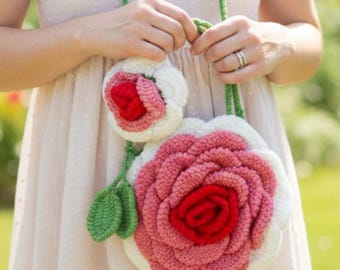 Crochet 3D Pink and White Rose bags with Rose keyChain