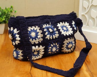Crochet Granny Square Crossbody Bag, Navy Blue Boho Tote