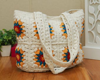 Crochet Granny Square Tote Bag – Handmade Boho Hippie Purse