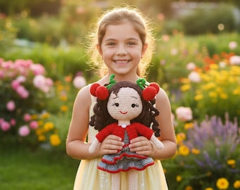Handmade Crochet Doll, Cherry Accents, Stuffed Amigurumi, Baby Gift
