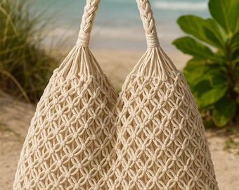 Handmade Macrame Tote Bag: Boho Cotton Woven Beach Bag