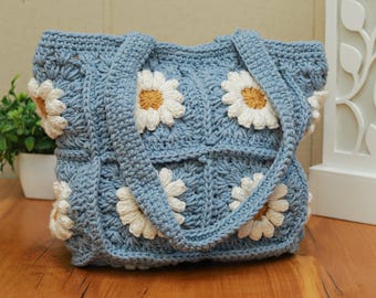Handmade Crochet Daisy Tote Bag – Boho Granny Square Yarn Purse