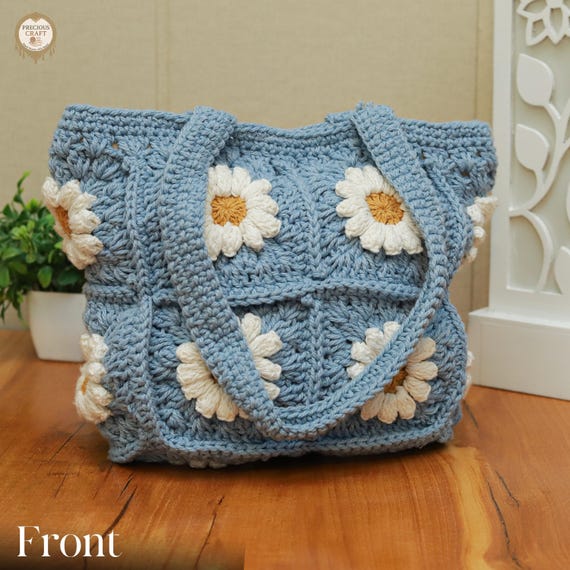 Handmade Blue Crochet Daisy Bag Daisy Granny Square Bag | Crochet Shoulder Bag- Blingcute.com main image 4