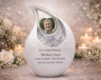 Personalized White Teardrop Cremation Urn with Photo, Engraved Memorial Ashes Urn