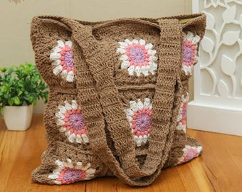 Handmade Crochet Daisy Granny Square Bag, Bohemian Cotton Tote