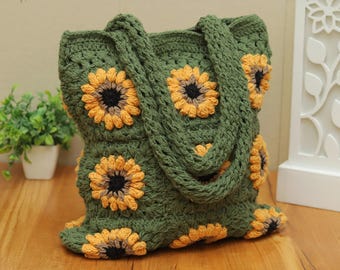 Crochet Sunflower Tote Bag, Granny Square Bohemian Cotton Purse