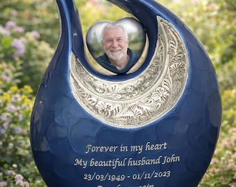 Personalized  Blue Teardrop Cremation Urn with Photo, Engraved Memorial Ashes Urn