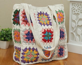 Handmade Crochet Granny Square Tote Bag | Boho Cotton Handbag
