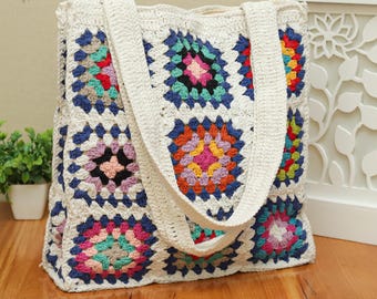 Bohemian Crochet Granny Square Tote, Handmade Colorful Cotton Yarn Shoulder Bag