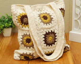 Handmade Crochet Sunflower Tote Bag – Granny Square Cotton Market Bag